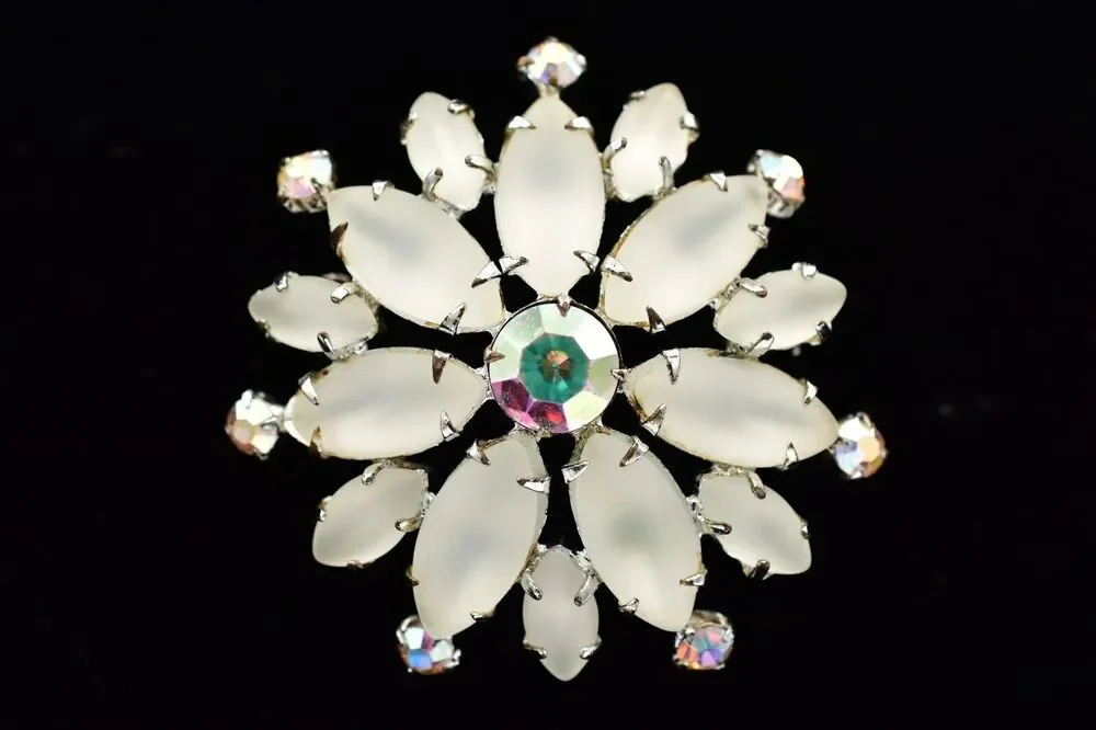 Vintage Crystal Flower Pin Brooch Frosted AB Rhinestone Prong Silver 1990s BinBG